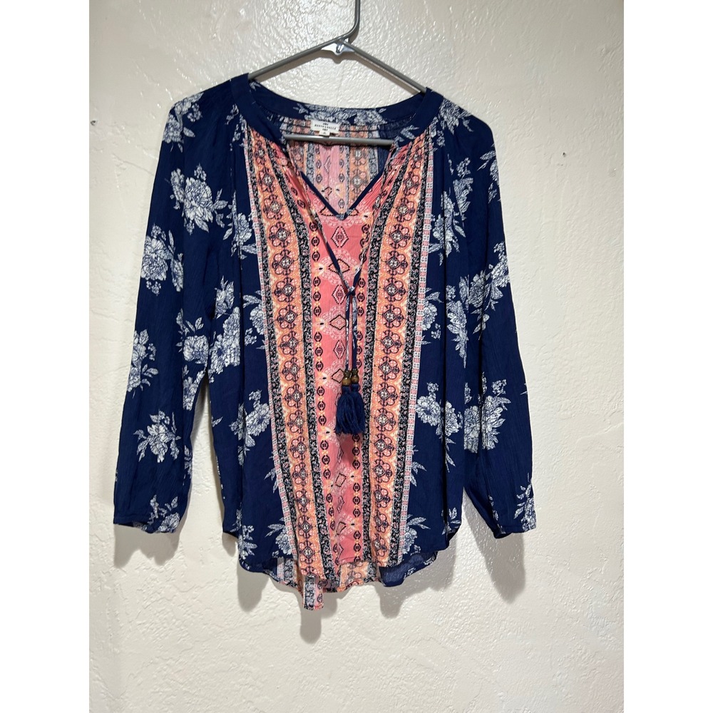 Mason & Belle Womens Navy Blue Floral Geometric Tassel Boho Blouse small